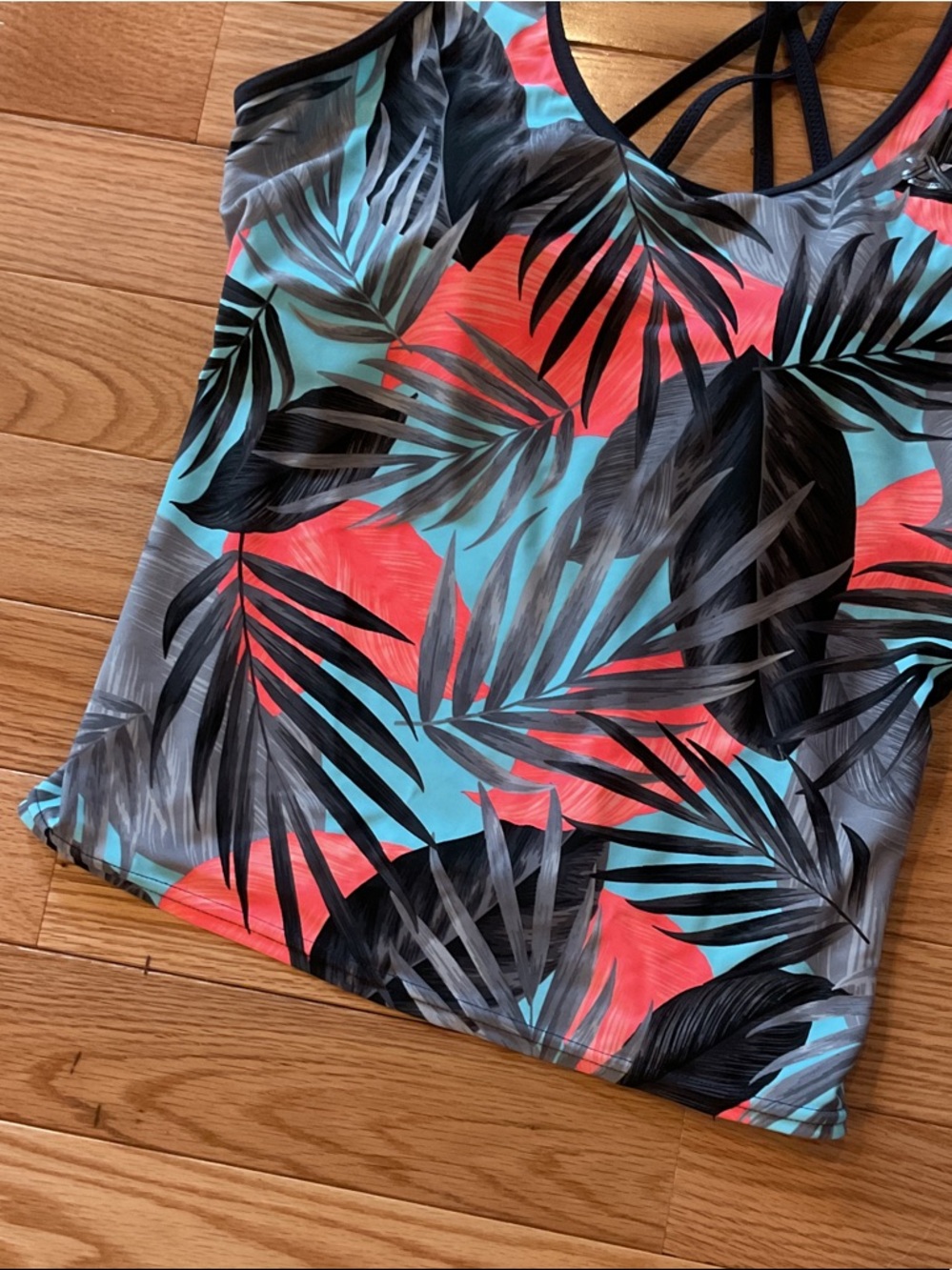 Xhilaration Tropical Palm Print Tankini Top - Coral, Teal, Black - Picture 5 of 8